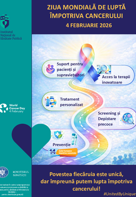 Ziua Mondială de Luptă împotriva Cancerului, 4 februarie 2026 - poster Povestea fiecăruia este unică, dar împreună putem lupta împotriva cancerului!